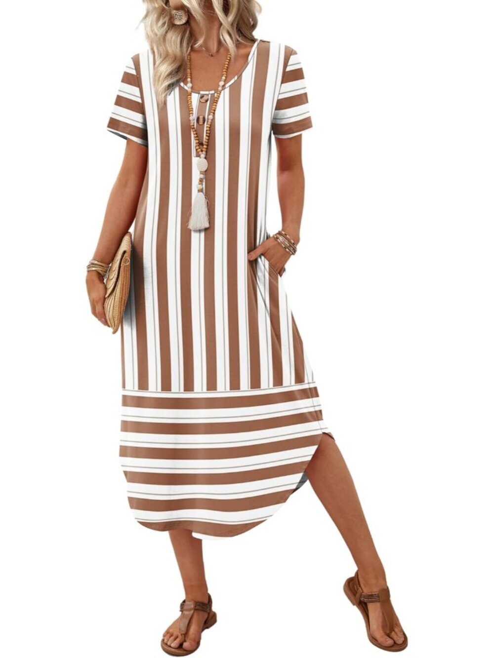 Women's Coffee Stripes Casual Maxi Dresses Beach Vacation Outfit Pockets T Shirt